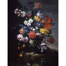 <p>Bartolomeo Bimbi (Settignano 1648 - Firenze 1729)<br />Vaso di fiori in paese con rane <br />Olio su tela, cm 86x67 <br />Uno di una coppia&nbsp;</p> <i>Galleria d'arte Bosoni</i>