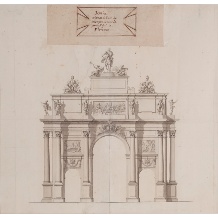 <p><strong>Jean-Nicolas Jadot</strong>, 1738.<br /><strong><em>Progetto dell’arco di trionfo di Porta San Gallo</em></strong>. Grafite, penna in bruno e acqurellatura su carta bianca, mm. 503×500</p> <i>InOpera Italian Arts Srl</i>