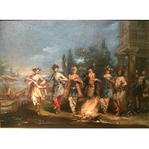 <p>Giovanni Antonio Guardi (1699-1760) <br />Tre coppie in esotico vestito che danzano di fronte al fuoco. <br />Olio su tela, cm 46x64.</p> <i>Piva & C.</i>